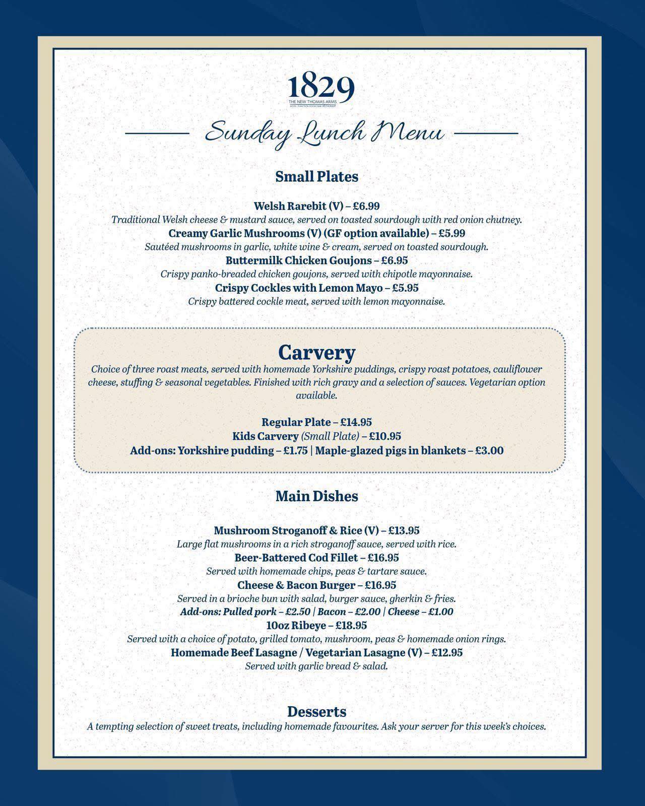 Menu at The New Thomas Arms Hotel 2025